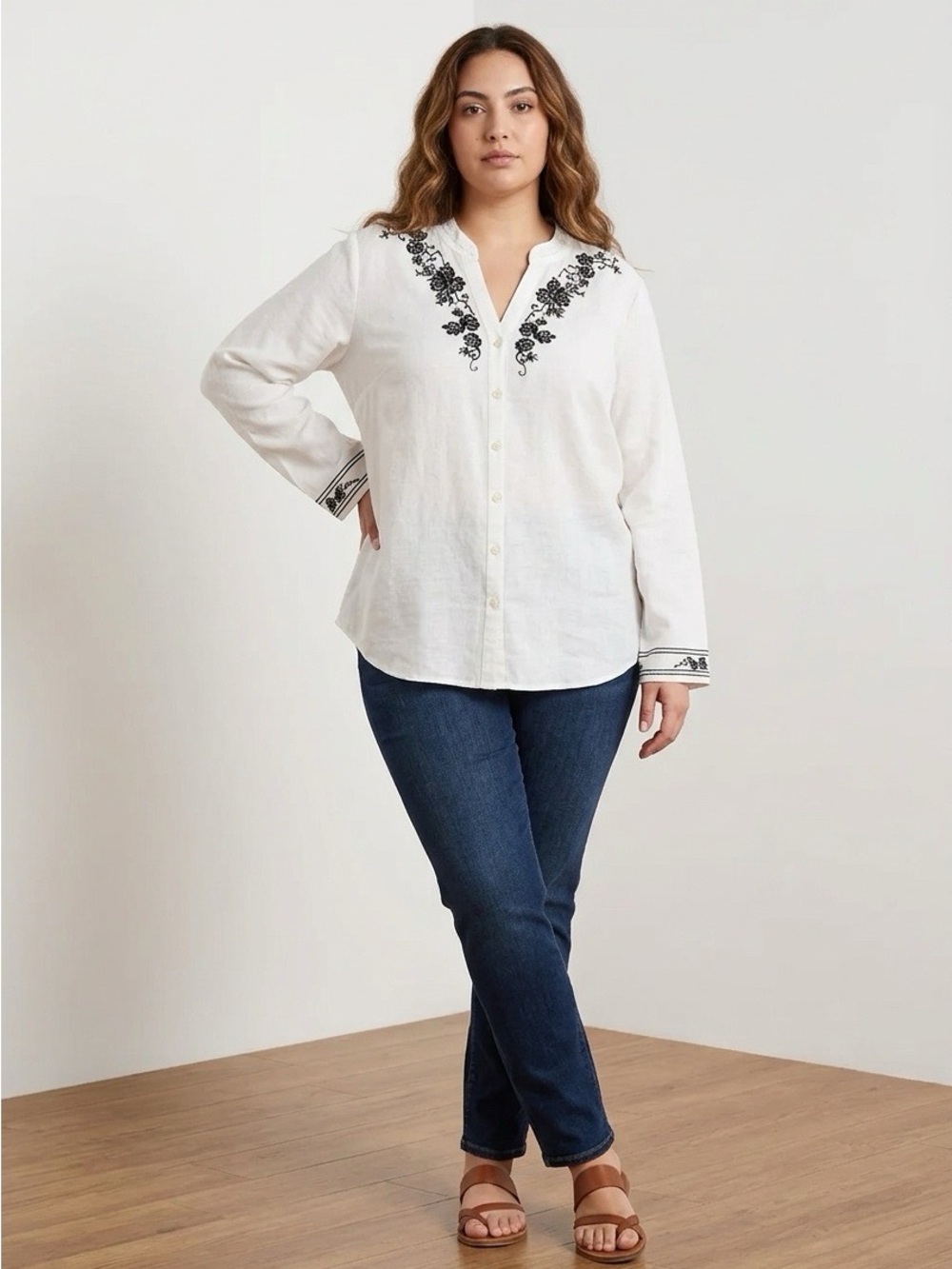 Emma & James Embroidered Linen Blend Button Down Top